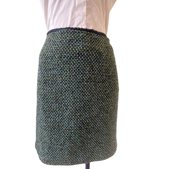 J. McLaughlin 100% Wool Tweed Skirt 4 Green Gold Metallic Navy Office Career - Picture 1 of 7